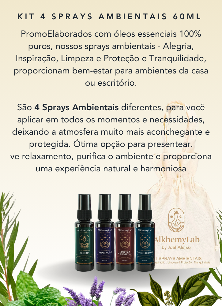 Kit 4 Sprays Ambientais 60ml + Necessaire